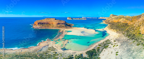 Fototapeta Naklejka Na Ścianę i Meble -  Amazing view of Balos Lagoon with magical turquoise waters, lagoons, tropical beaches of pure white sand and Gramvousa island on Crete, Greece