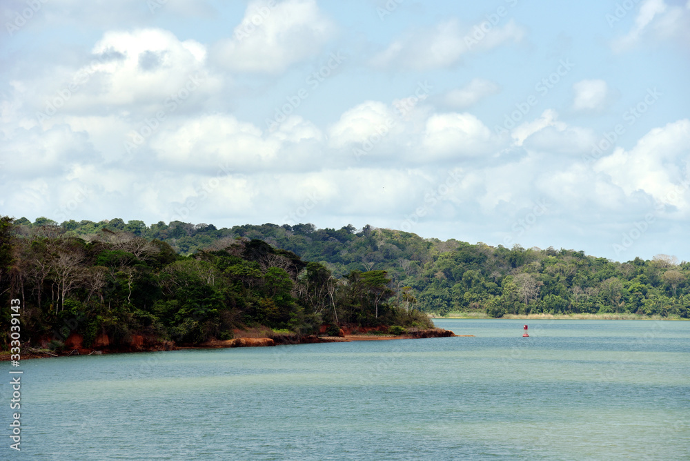 Green landscape of Panama Canal, view from the transiting cargo ship.