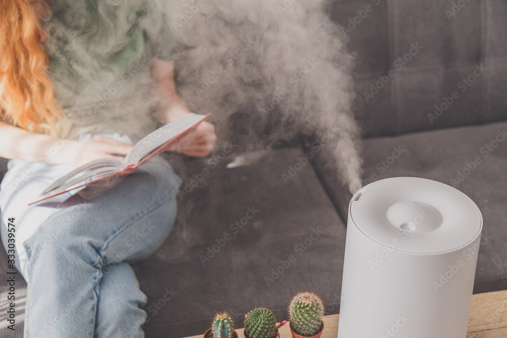 Household humidifier at home on table near woman reading on sofa - obrazy, fototapety, plakaty 