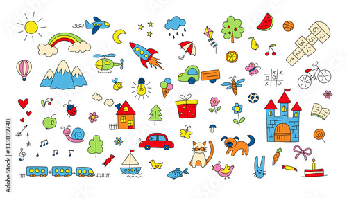 Big set of children drawings. Hand drawn kid doodle. Sun and rainbow over the mountains, knight castle, train and plane and other objects. Colorful vector illustration