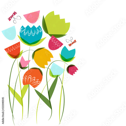 Tulip wall art, nursery or children's room decor. Wildflower vector illustration. Nursery wall art, sticker or wallpaper. Kids' apparel. Card with space for text. Whimsical tulips and butterflies.