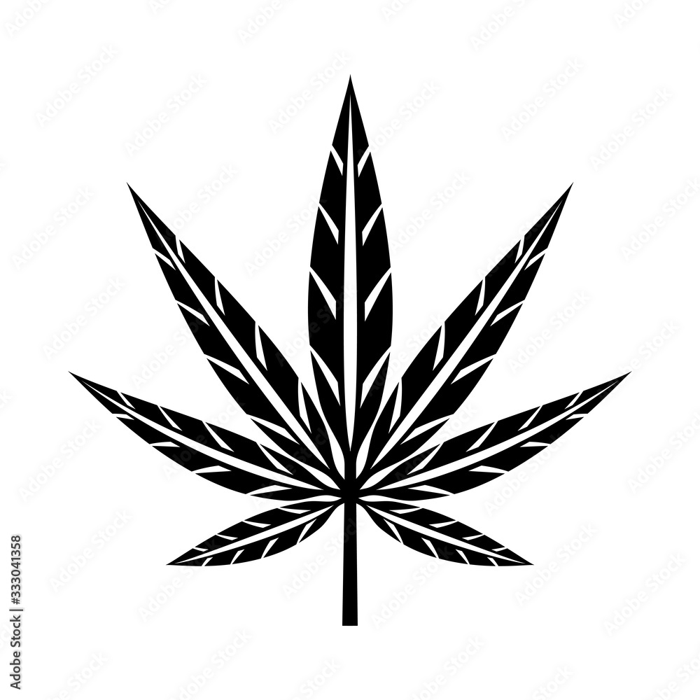 Marijuana Leaf Hand-Drawn Linearly Black and White. Ganja Weed Cannabis Icon. Stock Illustration Isolated on White Background