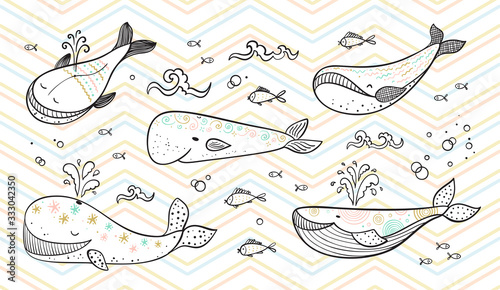 Cartoon Ocean Animals Collection. Different Cute Whales, Small fish and Sea waves Vector Set