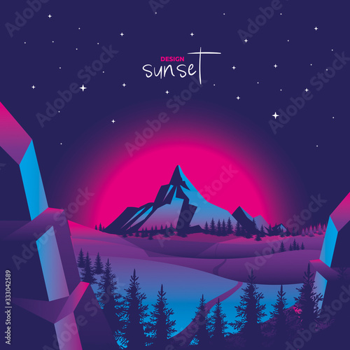 Vector illustration inspired by 80s disco music, 3d background, neon, sunset landscape, travel, tourism. EPS10
