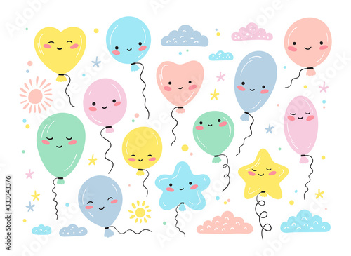 Holiday or Birthday Vector Set with doodle Cute Balloons, Clouds, Sun and Stars. Festive Kawaii Balloons. Cartoon Balloon with Funny Face for Baby Shower design.