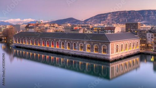 BFM and Rhone river by night with full moon, Geneva, Switzerland - HDR