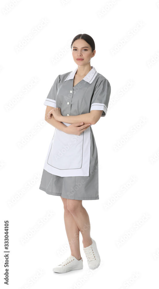 Young chambermaid in uniform on white background Young chambermaid in uniform on white background