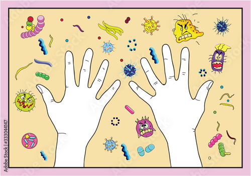 Clean hands on a background of viruses and bacteria. Hands in gloves.