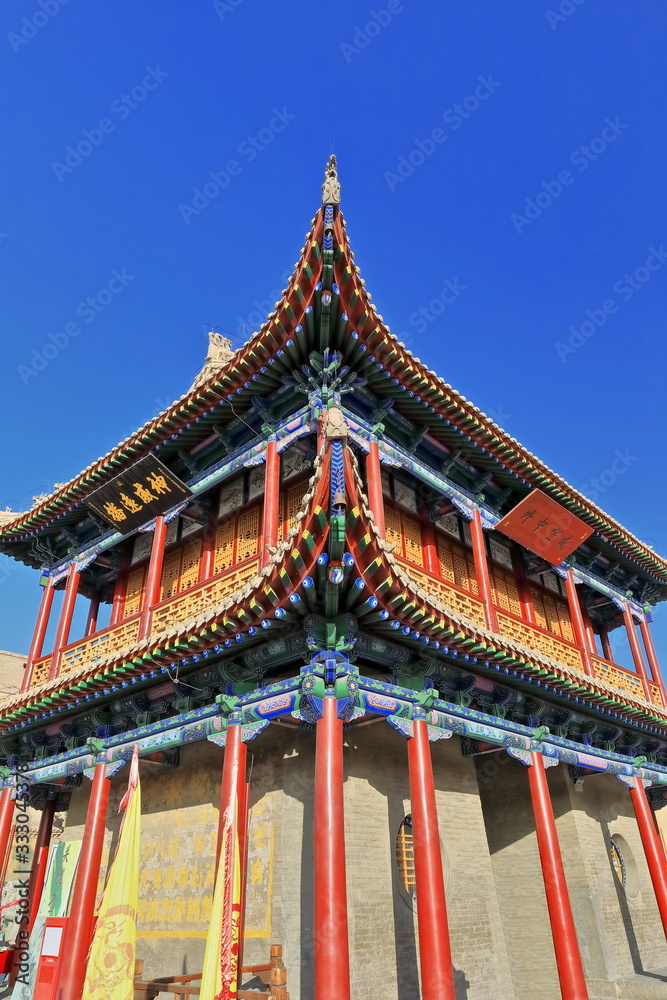 Wenchang Pavilion-latticed windows-red lacquered pillars-colorful wooden beams-gable hip roof-Jiayu Pass-Jiayuguan-Gansu-China-0739 Wenchang Pavilion-latticed windows-red lacquered pillars-colorful wooden beams-gable hip roof-Jiayu Pass-Jiayuguan-Gansu-China-0739