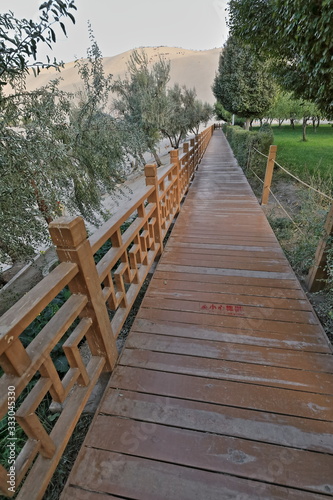 Fototapeta Naklejka Na Ścianę i Meble -  Fenced wooden walkway-Crescent Moon Lake or Yueyaquan-Mingyue temple. Dunhuang-Gansu-China-0678