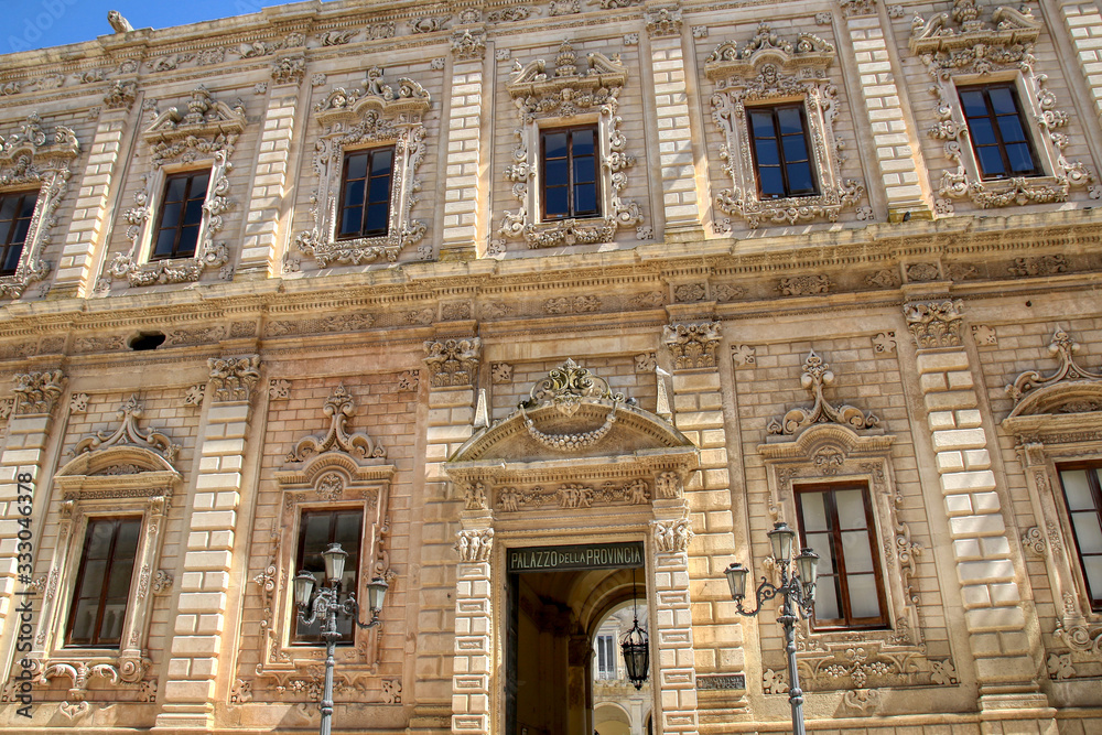 Facade of Palazzo dei Celestini. It currently houses the offices of the Prefecture and the Province of Lecce, Puglia, Italy
