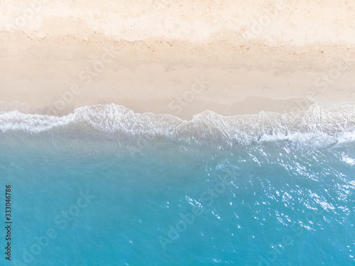 Blue sea and white sand beach in summer landscape for web advertisment and poster background.Aerial view of seashore coastline by drone