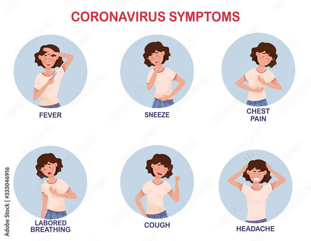 Isolated vector illustration of coronavirus symptoms. The girl shows all possible signs of infection with the COVID-19 virus