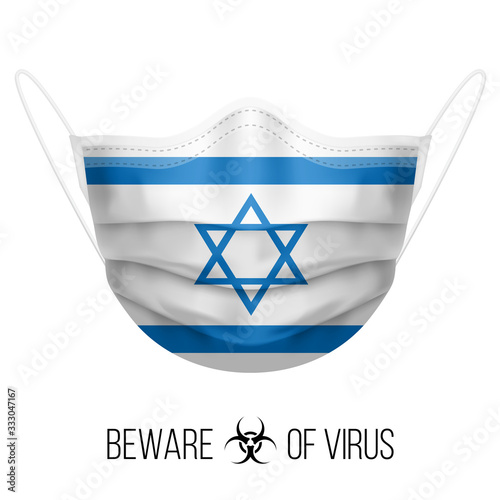 Medical Mask with National Flag of Israel as Icon on White. Protective Mask Virus and Flu. Surgery Concept of Health Care Problems and Fight Novel Coronavirus (2019-nCoV) in Form of Israeli flag