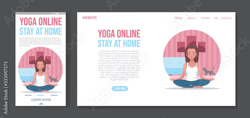 Yoga, fitness and healthy lifestyle concept illustration, woman meditating in lotus pose at home in her room with cat, perfect for banner, mobile app, landing page template. Vector flat illustration