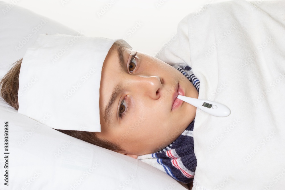 Child flu sick, boy with medical thermometer, patient.
