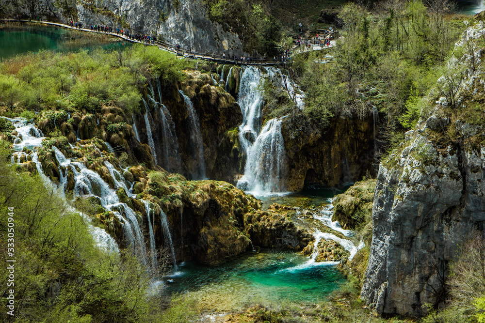 Obraz premium Plitivice lakes, Croatia: 24th april 2019 - Famous Plitvice lakes in Croatia, Europe, UNESCO, waterfall