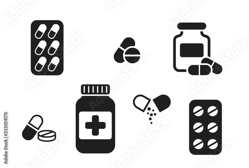 medicament icon set. pharmaceutical and treatment symbols. medical design elements