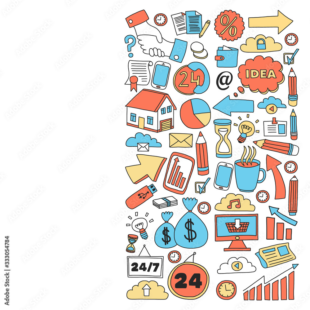 Online business and management school. Pattern with finance icons. Projects organization, risk, development. Team working, budget planning. Online business and management school. Pattern with finance icons. Projects organization, risk, development. Team working, budget planning.