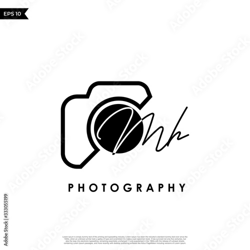 Initial Letter MH with camera. Logo photography simple luxury vector.