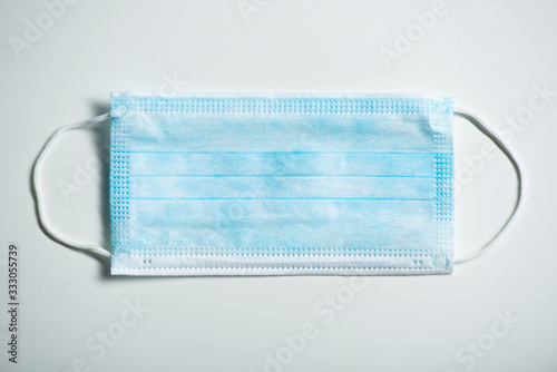 Close-up of a surgical medical mask isolated on a white background. The concept of protection against influenza virus, coronovirus covid-19