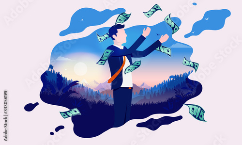 Dreaming of financial freedom - Raining money on man in dream bubble, sunrise in background. Inspiration, dream of being rich, and wealth concept. Vector illustration.