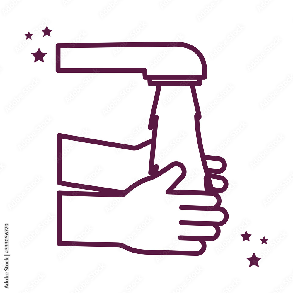 Isolated water tap over hands line style icon vector design Isolated water tap over hands line style icon vector design