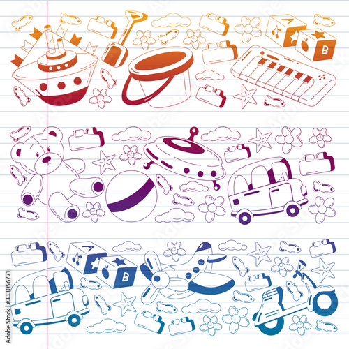 Vector set with toys icons. Pattern for kindergarten, little children. Kids playing.