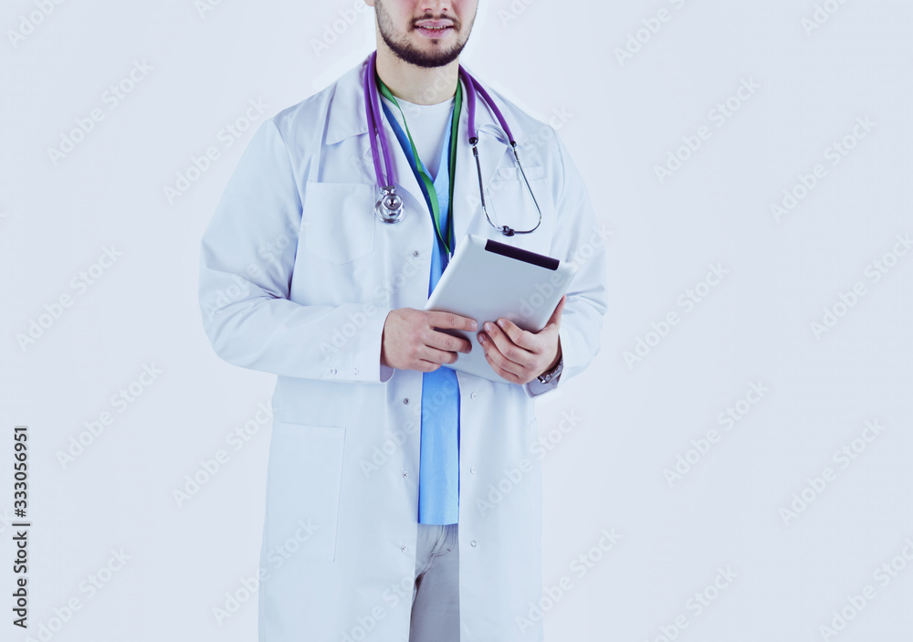 Portrait of a confident doctor with tablet isolated on white background Portrait of a confident doctor with tablet isolated on white background