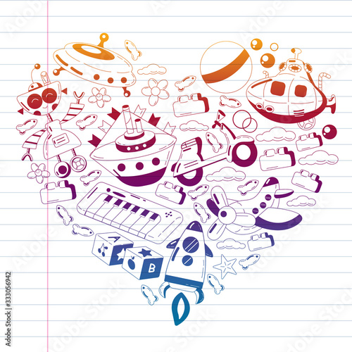 Vector set with toys icons. Pattern for kindergarten, little children. Kids playing.