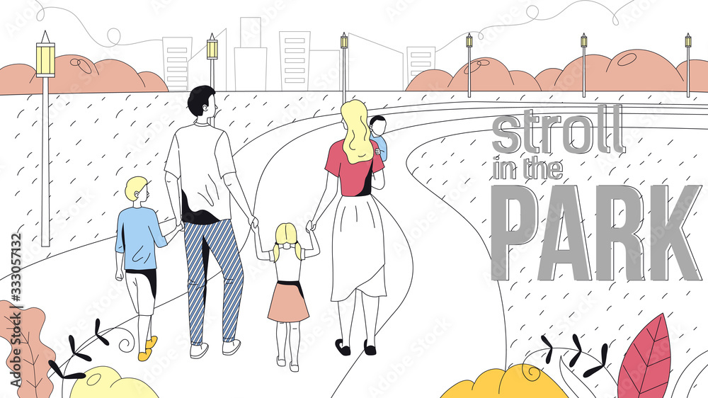 Family Leisure Concept. Family Is Walking Together In The Park With Cityscape Background. Father, Mother And Children Are Holding Hands Outdoor. Cartoon Linear Outline Flat Style Vector Illustration