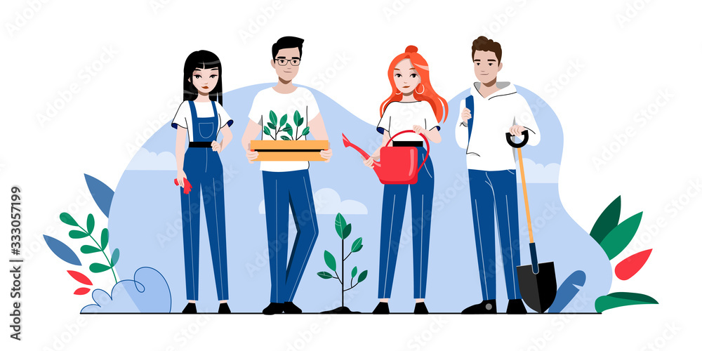 Gardening Concept. People Are Gardening, Planting And Watering Plants. Male And Female Characters Are Working Outdoor in The Garden With Professional Equipment. Cartoon Flat Style Vector Illustration Gardening Concept. People Are Gardening, Planting And Watering Plants. Male And Female Characters Are Working Outdoor in The Garden With Professional Equipment. Cartoon Flat Style Vector Illustration