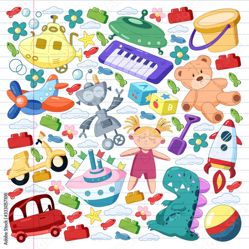 Vector set with toys icons. Pattern for kindergarten, little children. Kids playing.