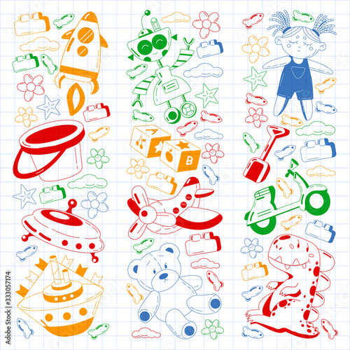 Vector set with toys icons. Pattern for kindergarten, little children. Kids playing.