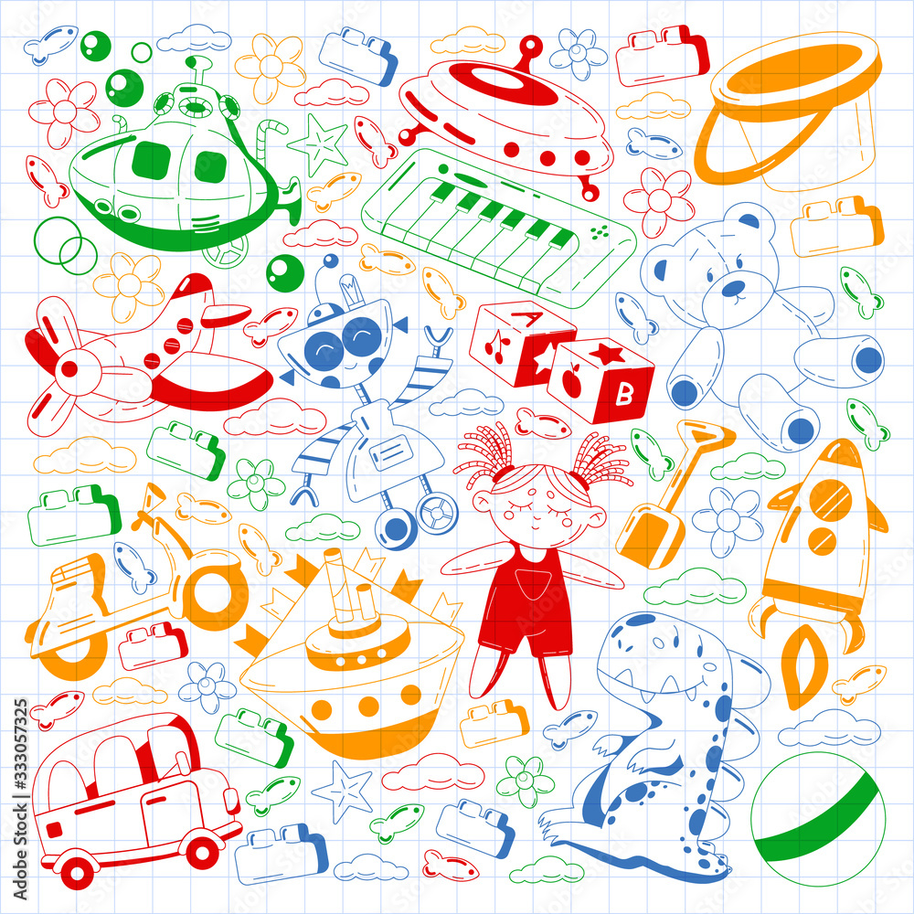 Fototapeta premium Vector set with toys icons. Pattern for kindergarten, little children. Kids playing.