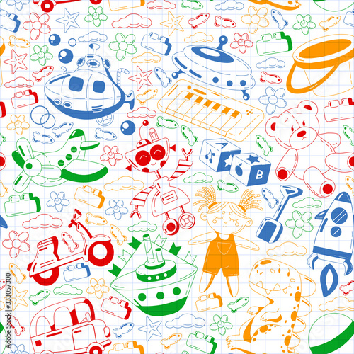 Vector set with toys icons. Pattern for kindergarten, little children. Kids playing.