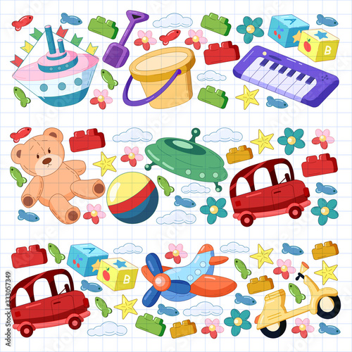 Vector set with toys icons. Pattern for kindergarten, little children. Kids playing.