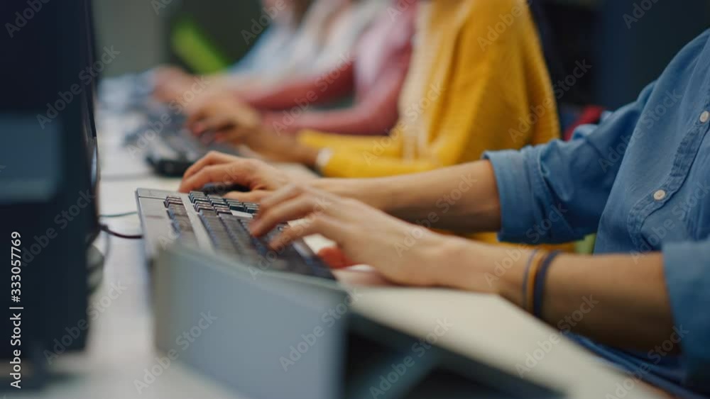 Row of Diverse Group of Multi-Ethnic People Works on PC. Office Team of Technical Support Staff Members Work on Computers, Help People Find Solutions. Anonymous Camera Shot focus On Hands
