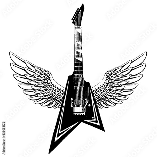 Electric vector guitar. Emblem for musical school, music festival. Heavy metal, rock, jazz.