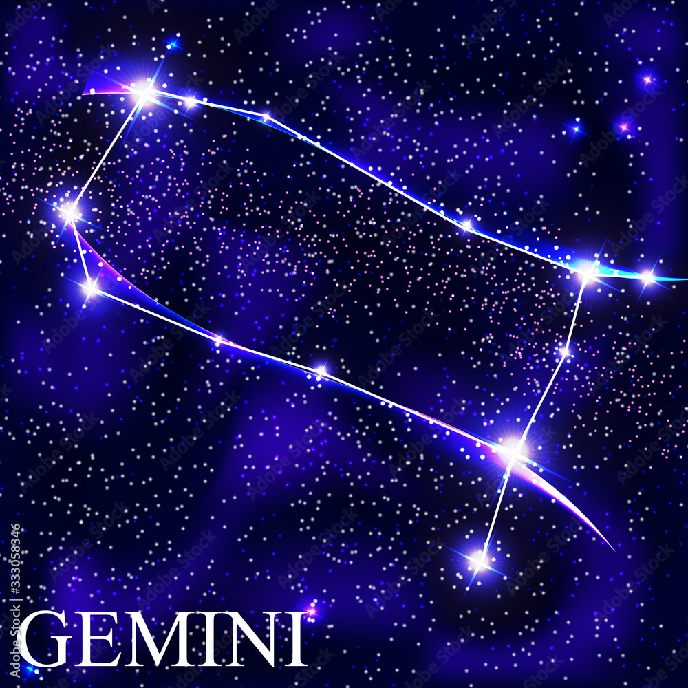 Gemini Zodiac Sign with Beautiful Bright Stars on the Background of