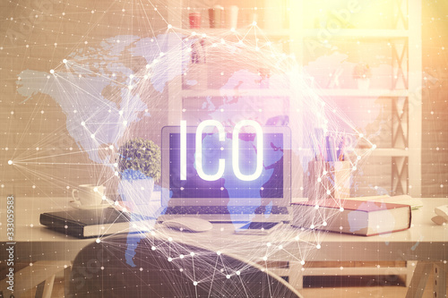 Wallpaper Mural Double exposure of crypto technology theme drawing and office interior background. Concept of blockchain. Torontodigital.ca