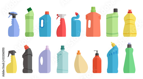 Flat icon bottles of cleaning supplies. Plastic bottles of household chemicals and cleaning products.