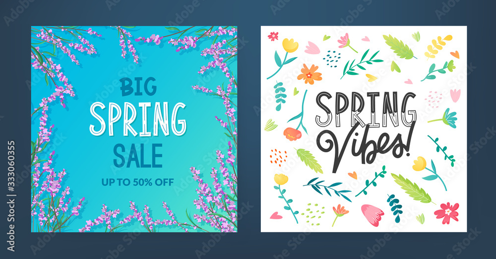 Set of Spring backrounds with flowers and text.