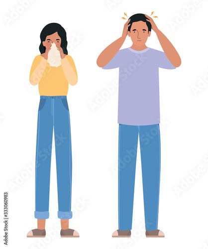 Avatar man and woman with headache and cold vector design
