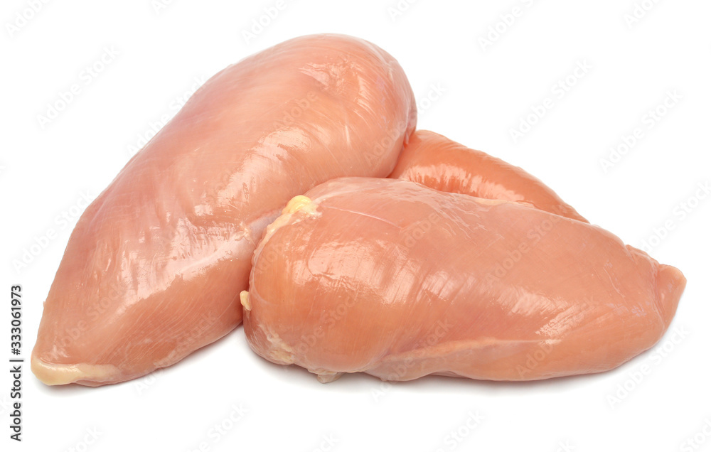 Raw chicken fillet isolated on a white background. Perfectly retouched, full depth of field on the photo. Top view, flat lay Raw chicken fillet isolated on a white background. Perfectly retouched, full depth of field on the photo. Top view, flat lay