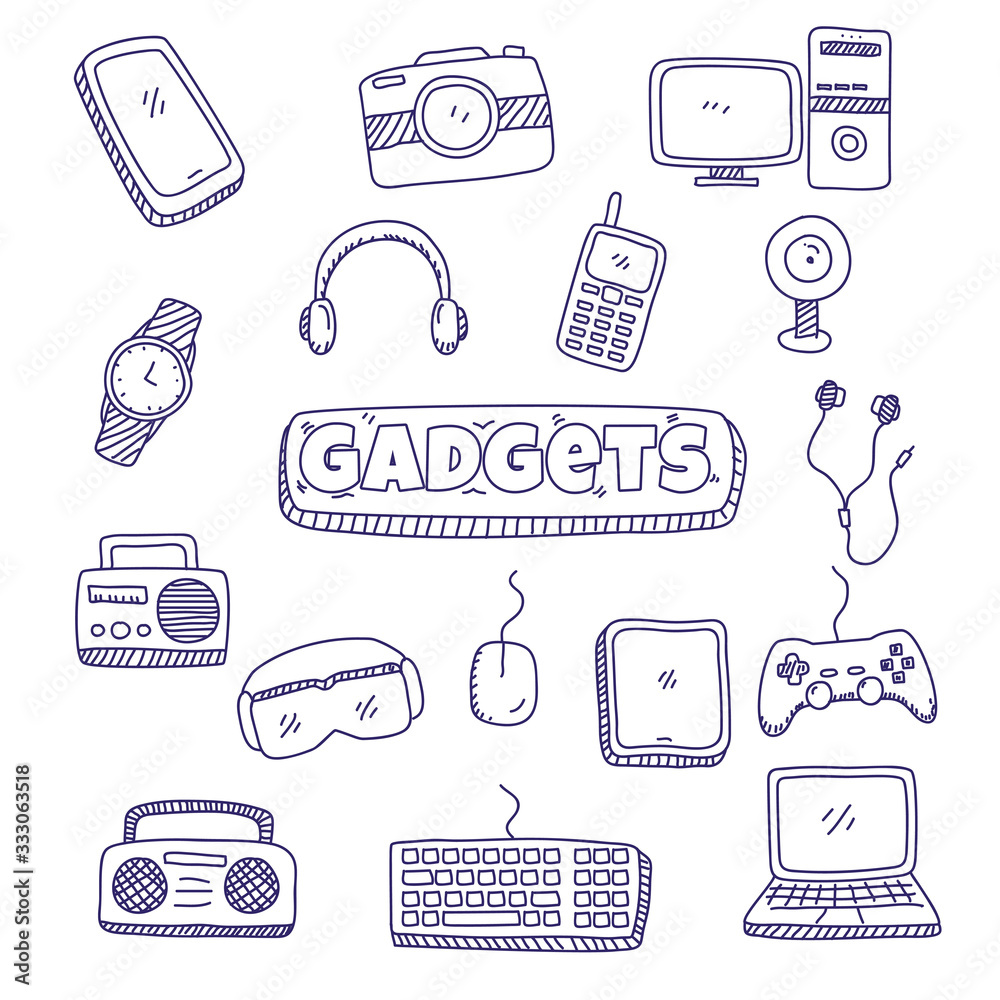 Gadget doodle elements vector illustration in cute hand drawn