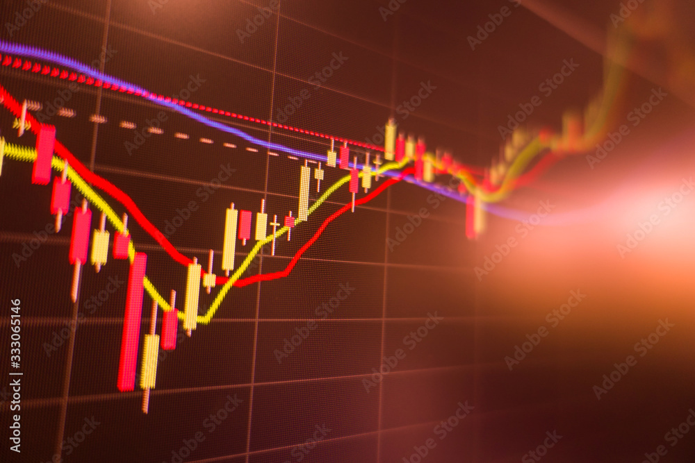 Stock market trading graph and candlestick chart on screen monitor for financial investment and economic concept.