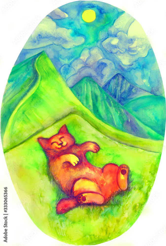 Naklejka premium A happy cat lies and basks on the lawn in the sun against the backdrop of mountains and a peaceful landscape