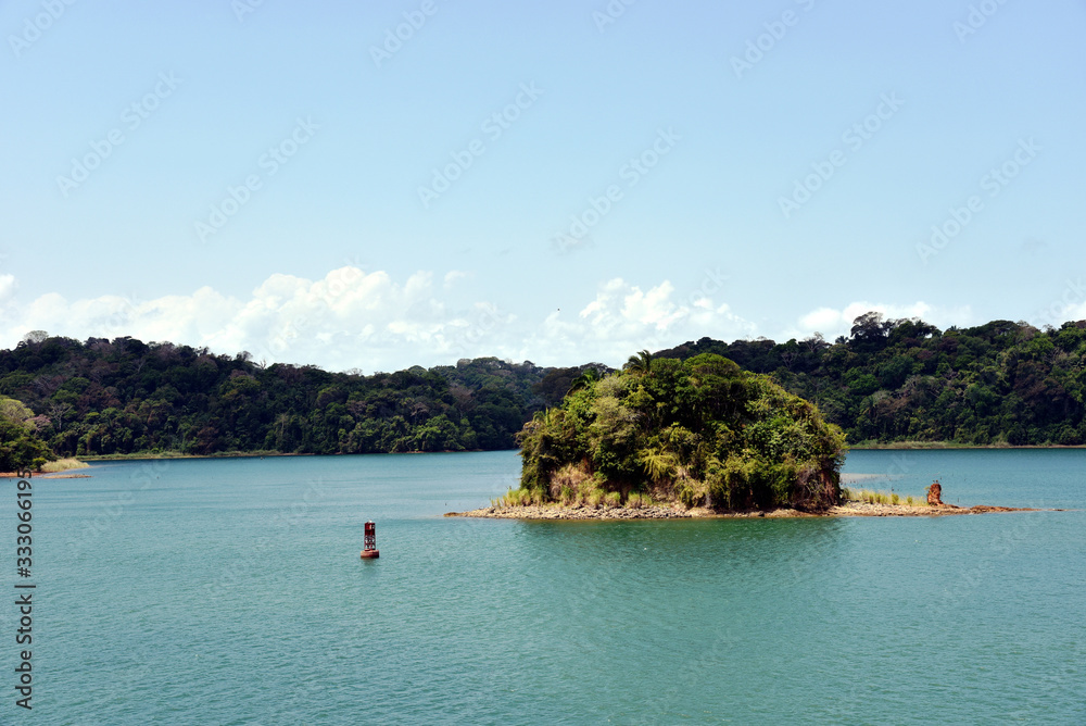 Obraz premium Green landscape of Panama Canal, view from the transiting cargo ship.