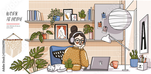 Work at home! Vector cute illustration of Coronavirus quarantine, self isolation. Woman working laptop in comfortable workplace, modern interior, cat, decor and plants. Drawings of home Office